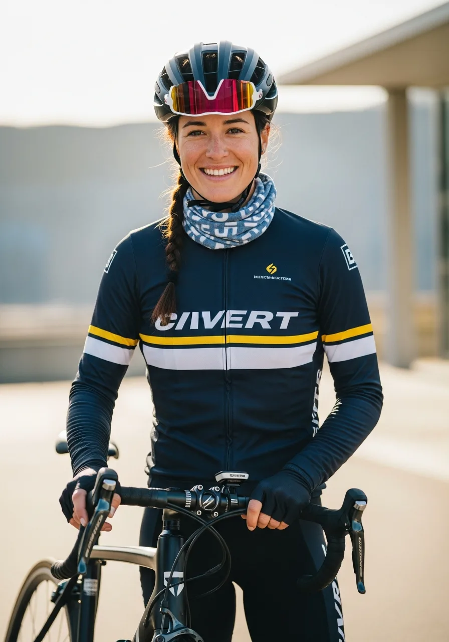 A cyclist in helmet and gear, ready to ride